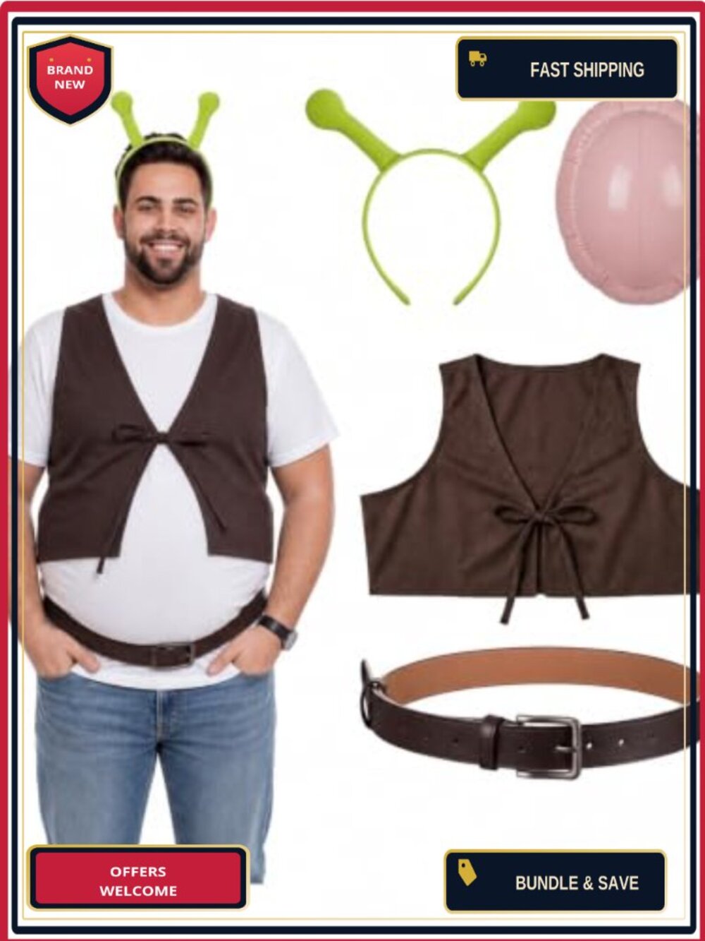 4 Pc Halloween Swamp Monster Costume Set Adult Fleece Vest Inflatable Belly
